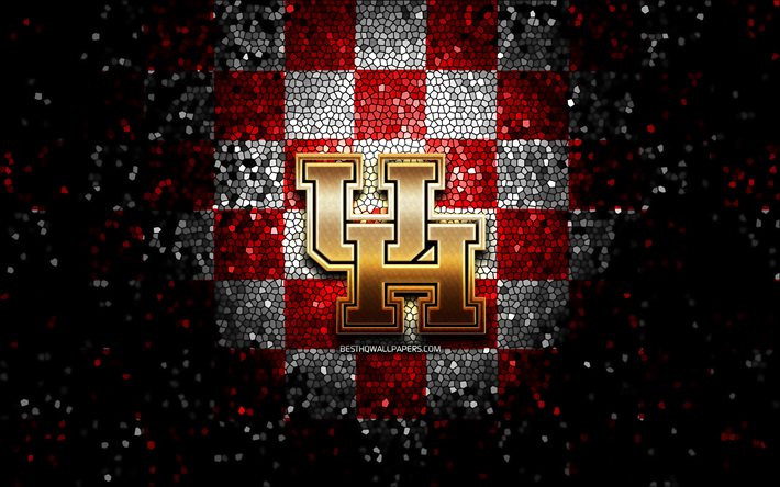 Houston Cougars, des paillettes logo, NCAA, rouge, blanc, arri&#232;re-plan en damier, &#233;tats-unis, &#233;quipe de football am&#233;ricain, Houston Cougars logo, l&#39;art de la mosa&#239;que, le football am&#233;ricain, l&#39;Am&#233;rique