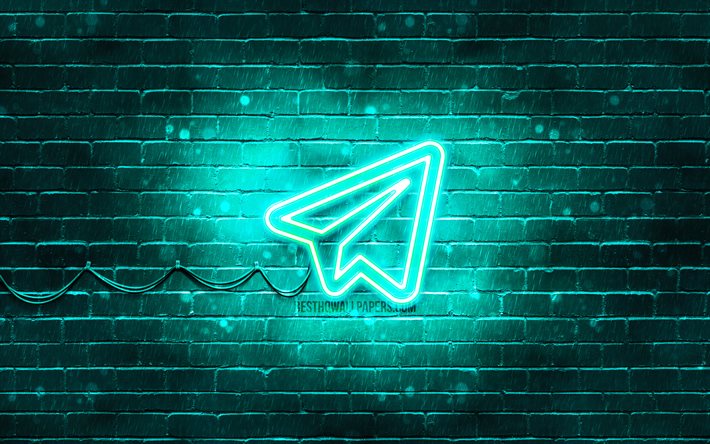 telegramm t&#252;rkis logo, 4k, t&#252;rkis brickwall -, telegramm-logo, soziale netzwerke, telegramm, neon-logo