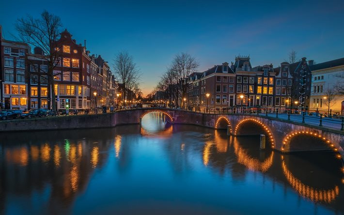 Amsterdam, kv&#228;ll, kanalen, sunset, bro, Amsterdam stadsbilden, Nederl&#228;nderna