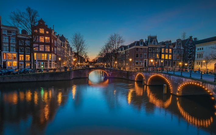 Amesterd&#227;o, noite, canal, p&#244;r do sol, ponte, Cidade, Amsterdam, Pa&#237;ses baixos