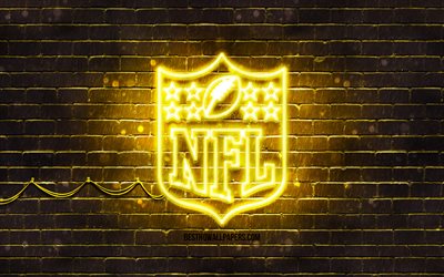 NFL yellow logo, 4k, yellow brickwall, National Football League, NFL logo, american football league, NFL neon logo, NFL