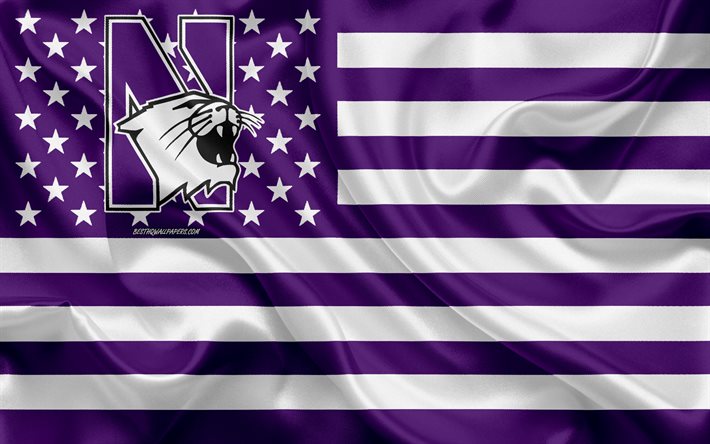 Nordv&#228;stra Wildcats, Amerikansk fotboll, kreativa Amerikanska flaggan, lila och vit flagga, NCAA, Evanston, Illinois, USA, Nordv&#228;stra Wildcats logotyp, emblem, silk flag