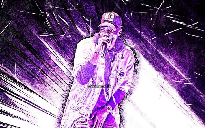 4k, Wretch 32, grunge art, english rapper, music stars, Jermaine Scott Sinclair, concert, american celebrity, Wretch 32 with microphone, violet abstract rays, creative, Wretch 32 4K
