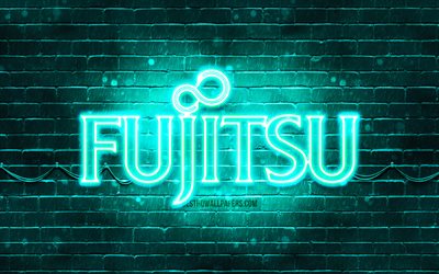 Fujitsu turquoise logo, 4k, turquoise brickwall, Fujitsu logo, brands, Fujitsu neon logo, Fujitsu