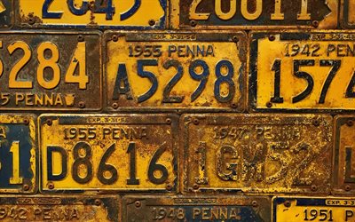 antigo carro amarelo n&#250;meros, carro n&#250;meros de textura, placa de licen&#231;a de fundo, antigo ferro de fundo, fundo com placas de licen&#231;a