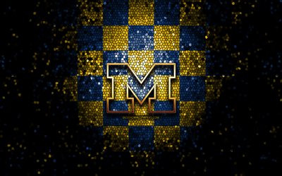 Michigan Wolverines, glitter logotipo, NCAA, azul amarelo fundo quadriculado, EUA, time de futebol americano, Michigan Wolverines logotipo, arte em mosaico, futebol americano, Am&#233;rica