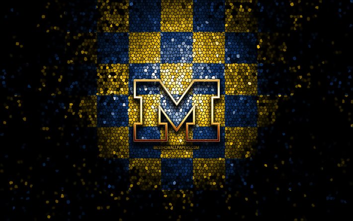 Michigan Wolverines, glitter logotyp, NCAA, bl&#229; gul rutig bakgrund, USA, amerikansk fotboll, Michigan Wolverines logotyp, mosaik konst, Amerika