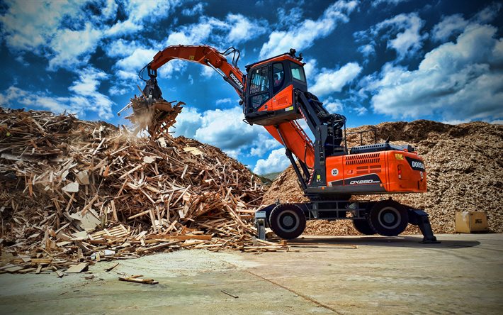 Doosan DX250WMH-5, 4k, py&#246;r&#228;n materiaali handler, rakennuskoneet, 2020 kaivinkoneet, HDR, erikoislaitteet, kaivinkoneet, Doosan