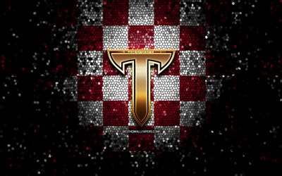 Troy Trojans, glitter logo, NCAA, purple white checkered background, USA, american football team, Troy Trojans logo, mosaic art, american football, America