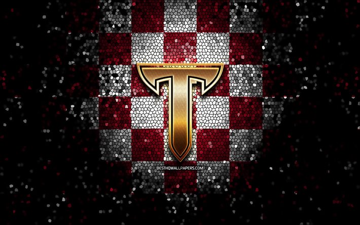 Troy Cavalos De Tr&#243;ia, glitter logotipo, NCAA, roxo branco fundo quadriculado, EUA, time de futebol americano, Troy Trojans logotipo, arte em mosaico, futebol americano, Am&#233;rica