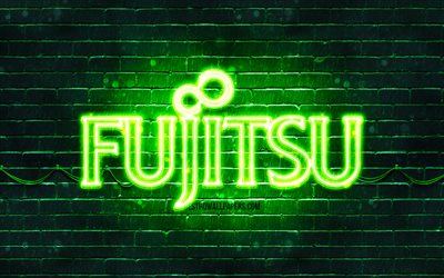 Fujitsu green logo, 4k, green brickwall, Fujitsu logo, brands, Fujitsu neon logo, Fujitsu
