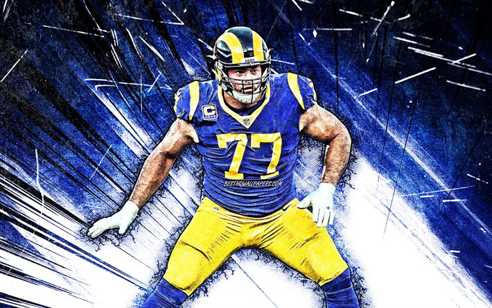 4k, Andrew Whitworth, grunge art, Los Angeles Rams, le football am&#233;ricain, NFL, LA Ram, Andrew James Whitworth, la Ligue Nationale de Football, abstrait bleu rayons, Andrew Whitworth B&#233;liers, Andrew Whitworth 4K