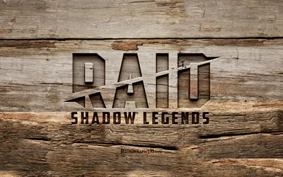 Raid Shadow Legends wooden logo, 4K, wooden backgrounds, games brands, Raid Shadow Legends logo, creative, Raid logo, wood carving, Raid Shadow Legends