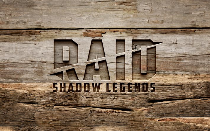 Logotipo de madeira Raid Shadow Legends, 4K, fundo de madeira, marcas de jogos, logotipo raid Shadow Legends, criativo, logotipo Raid, escultura de madeira, Raid Shadow Legends