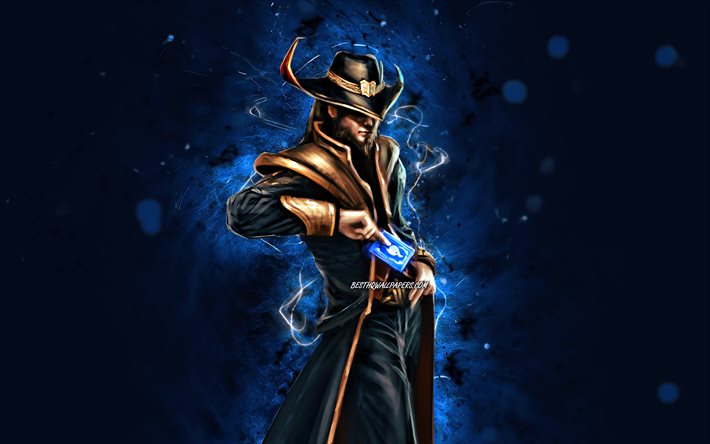 Twisted Fate, 4k, n&#233;ons bleus, League of Legends, MOBA, artwork, Twisted Fate Build, LoL, Twisted Fate League of Legends