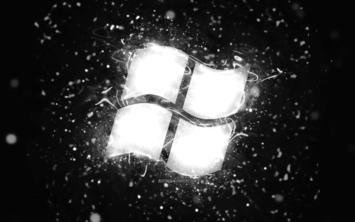 Logotipo branco do Windows, 4k, luzes brancas de neon, criativo, fundo abstrato preto, logotipo do Windows, SO, Windows