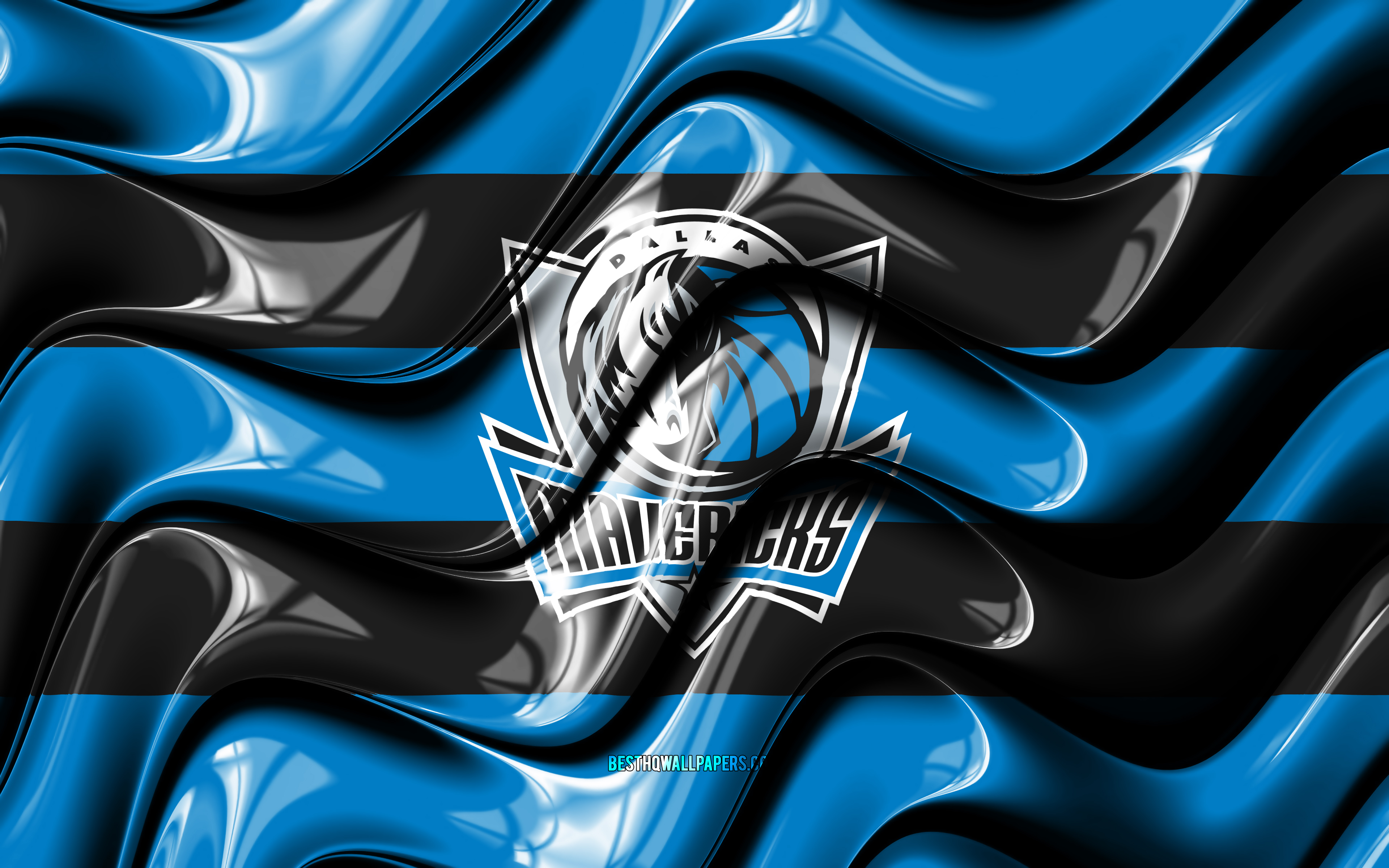 Download wallpapers Dallas Mavericks flag, 4k, blue and black 3D waves