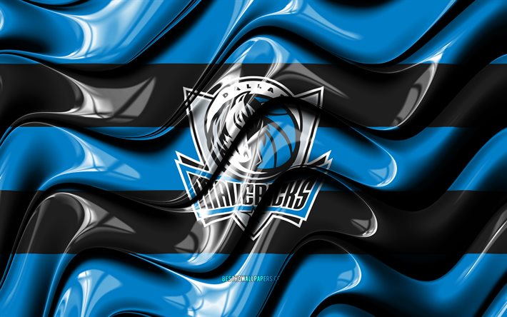 ダラス・マーベリックス旗, 4k, 青と黒の3D波, NBA, アメリカのバスケットボールチーム, ダラス・マーベリックスのロゴ, バスケットボール, ダラス・マーベリックス