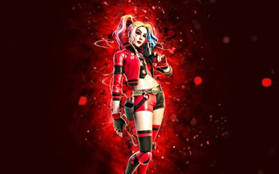 Yeniden Doğuş Harley Quinn, 4k, kırmızı neon ışıklar, Fortnite Battle Royale, Fortnite karakterleri, Yeniden Doğuş Harley Quinn Skin, Fortnite, Yeniden Doğuş Harley Quinn Fortnite