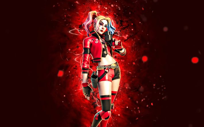 Rebirth Harley Quinn, 4k, red neon lights, Fortnite Battle Royale, Fortnite characters, Rebirth Harley Quinn Skin, Fortnite, Rebirth Harley Quinn Fortnite