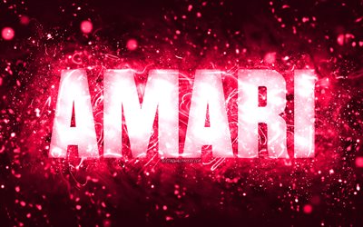 Happy Birthday Amari, 4k, pink neon lights, Amari name, creative, Amari Happy Birthday, Amari Birthday, popular american female names, picture with Amari name, Amari