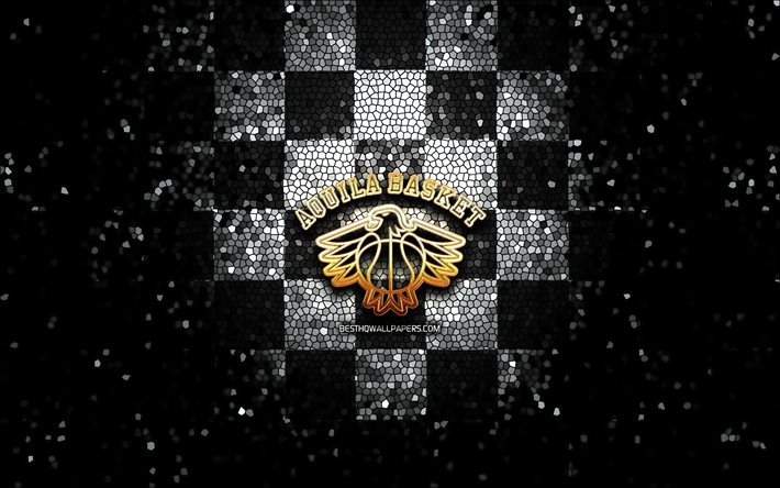 Aquila Basket Trento, logo glitter, LBA, sfondo a scacchi nero bianco, basket, club di basket italiano, logo Aquila Basket Trento, arte mosaico, Lega Basket Serie A, Dolomiti Energia Trento