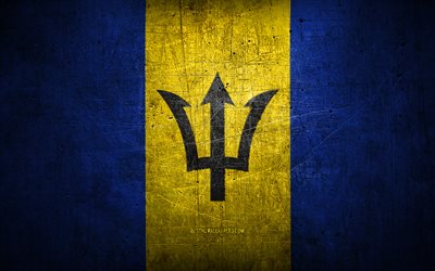 Barbados metal flag, grunge art, North American countries, Day of Barbados, national symbols, Barbados flag, metal flags, Flag of Barbados, North America, Barbados