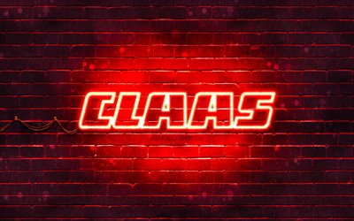 Claas red logo, 4k, red brickwall, Claas logo, brands, Claas neon logo, Claas