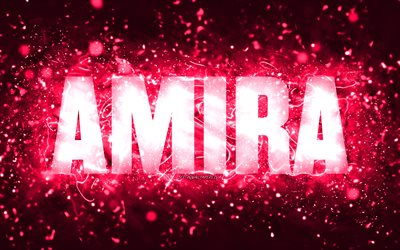Happy Birthday Amira, 4k, pink neon lights, Amira name, creative, Amira Happy Birthday, Amira Birthday, popular american female names, picture with Amira name, Amira