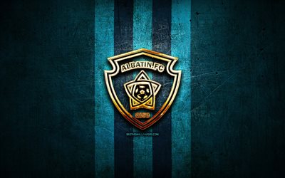 Al Batin FC, golden logo, Saudi Professional League, blue metal background, football, saudi football club, Al Batin logo, soccer, Al-Batin FC