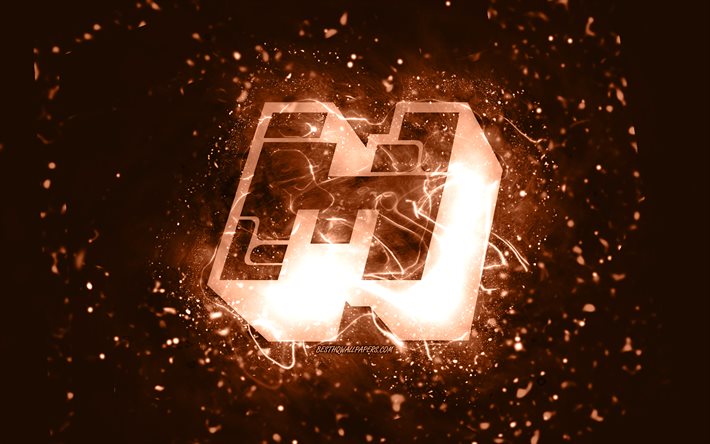 Logo Minecraft marrone, 4k, luci al neon marroni, creativo, sfondo marrone astratto, logo Minecraft, giochi online, Minecraft