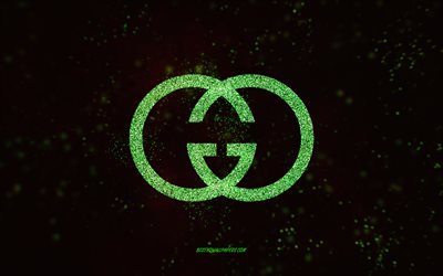 Gucci glitter logo, 4k, black background, Gucci logo, green glitter art, Gucci, creative art, Gucci green glitter logo