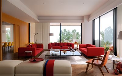 スタイリッシュなリビングルームのデザイン, リビングルームの赤いソファ, レトロなスタイルのインテリア, モダンなインテリア, living room, リビングルームのアイデア