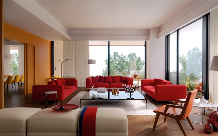 stylish living room design, red sofas in the living room, retro style interior, modern interior, living room, idea for the living room