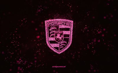 porsche glitzer logo, 4k, schwarzer hintergrund, porsche logo, rosa glitzerkunst, porsche, kreative kunst, porsche rosa glitzerlogo