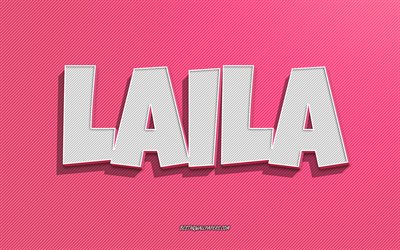 Laila, fond de lignes roses, fonds d&#39;&#233;cran avec des noms, nom de Laila, noms f&#233;minins, carte de voeux Laila, dessin au trait, photo avec le nom de Laila