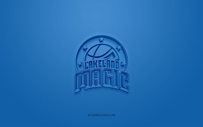 ليكلاند ماجيك, شعار 3D الإبداعية, الخلفية الزرقاء, الدوري الاميركي للمحترفين جي الدوري, 3d شعار, نادي كرة السلة الأمريكي, فلوريدا, الولايات المتحدة الأمريكية, فن ثلاثي الأبعاد, كرة سلة, شعار Lakeland Magic ثلاثي الأبعاد