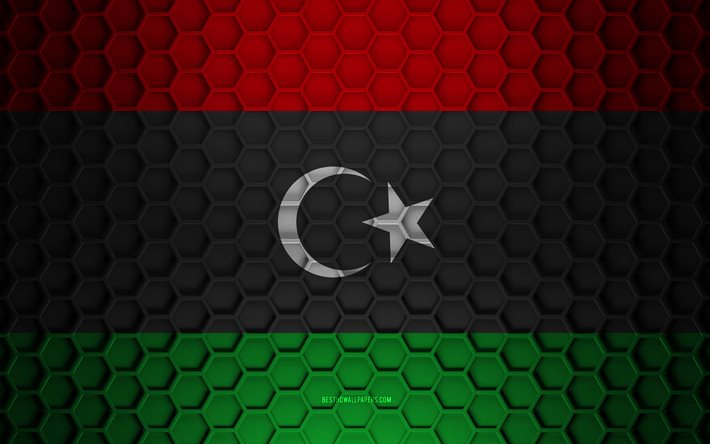 Libyens flagga, 3d hexagons textur, Libyen, 3d textur, Libyen 3d flagga, metall textur
