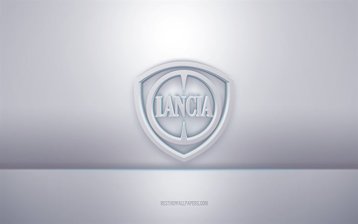 lancia 3d-wei&#223;es logo, grauer hintergrund, lancia-logo, kreative 3d-kunst, lancia, 3d-emblem