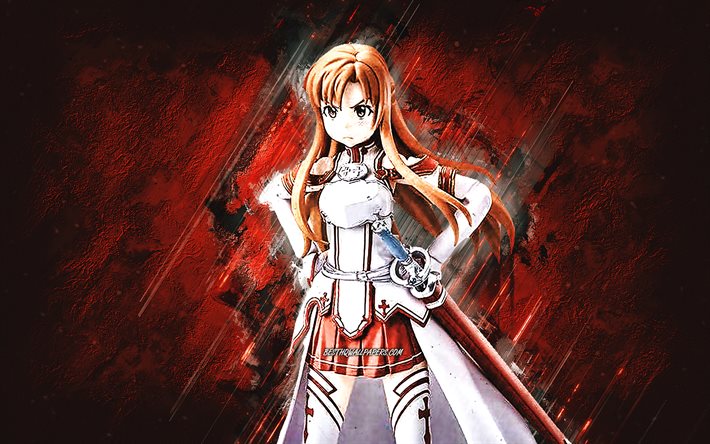 yuuki asuna, sword art online, roter steinhintergrund, yuuki asuna-kunst, sword art online-charaktere, yuuki asuna-charakter, anime-charaktere