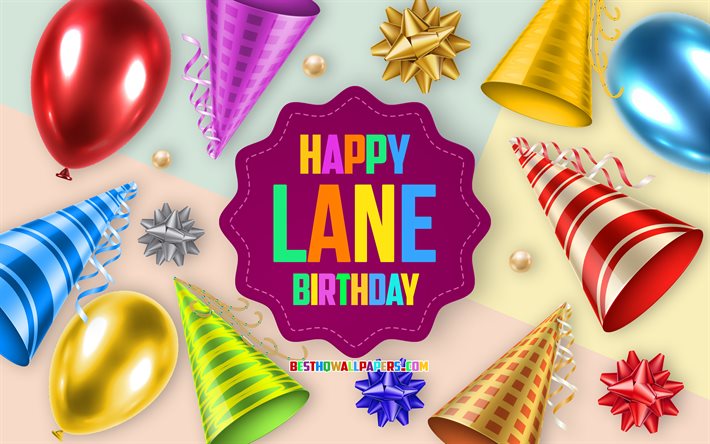 Happy Birthday Lane, 4k, Birthday Balloon Background, Lane, creative art, Happy Lane birthday, silk bows, Lane Birthday, Birthday Party Background