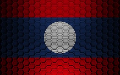 Laos flag, 3d hexagons texture, Laos, 3d texture, Laos 3d flag, metal texture, flag of Laos