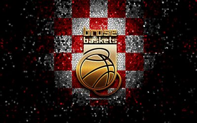 Brose Bamberg, glitter logo, BBL, red white checkered background, basketball, german basketball club, Brose Bamberg logo, mosaic art, Basketball Bundesliga