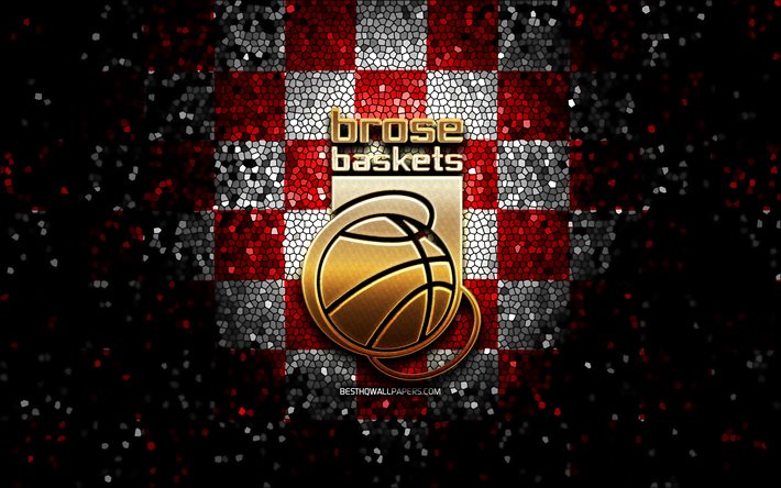 Brose Bamberg, glitter logo, BBL, red white checkered background, basketball, german basketball club, Brose Bamberg logo, mosaic art, Basketball Bundesliga