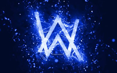 Alan Walker mörkblå logotyp, 4k, norska DJs, mörkblå neonljus, kreativ, mörkblå abstrakt bakgrund, Alan Olav Walker, Alan Walker -logotyp, musikstjärnor, Alan Walker