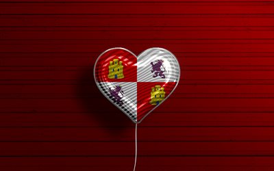 I Love Castile and Leon, 4k, realistic balloons, red wooden background, Day of Castile and Leon, Communities of Spain, flag of Castile and Leon, Spain, balloon with flag, spanish communities, Castile and Leon flag, Castile and Leon