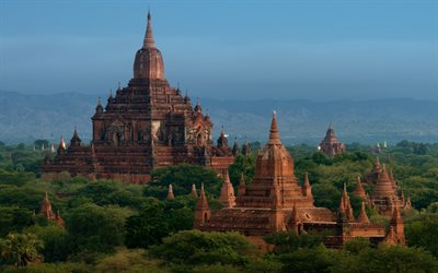 Templo Sulamani, Bagan, Templo Gawdawpalin, noite, p&#244;r do sol, Budismo, ponto de refer&#234;ncia, templos budistas, Mianmar