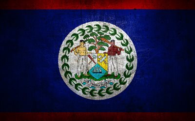 Belize metallflagga, grungekonst, Nordamerikanska l&#228;nder, Belize dag, nationella symboler, Belize flagga, metall flaggor, Nordamerika, Belize