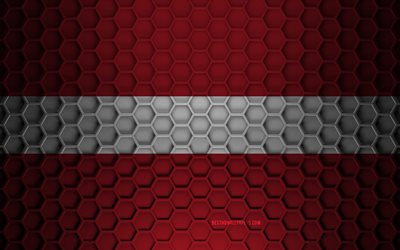 Lettlands flagga, 3d hexagons textur, Lettland, 3d textur, Lettlands 3d flagga, metall textur