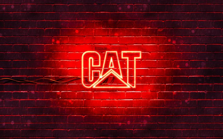 Caterpillar red logo, 4k, CAT, red brickwall, Caterpillar logo, brands, Caterpillar neon logo, Caterpillar, CAT logo